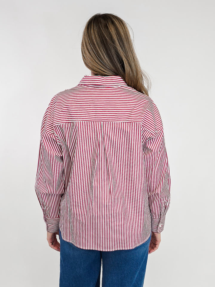 COLLARED STRIPED BUTTON UP SHIRT - RED