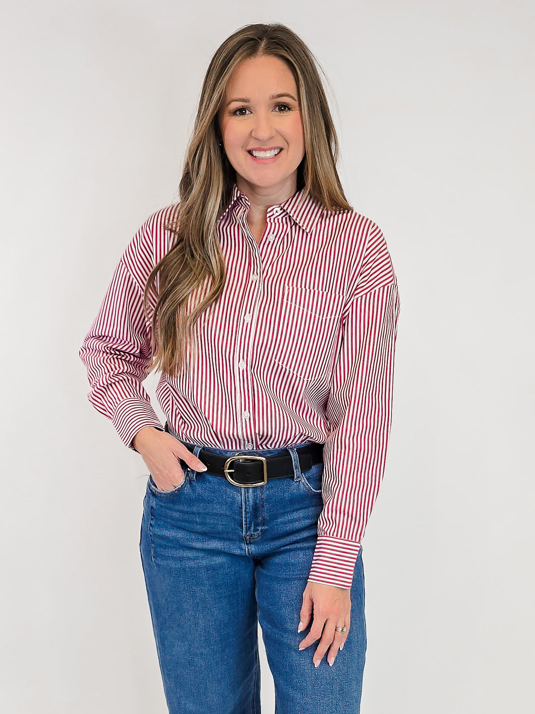 COLLARED STRIPED BUTTON UP SHIRT - RED