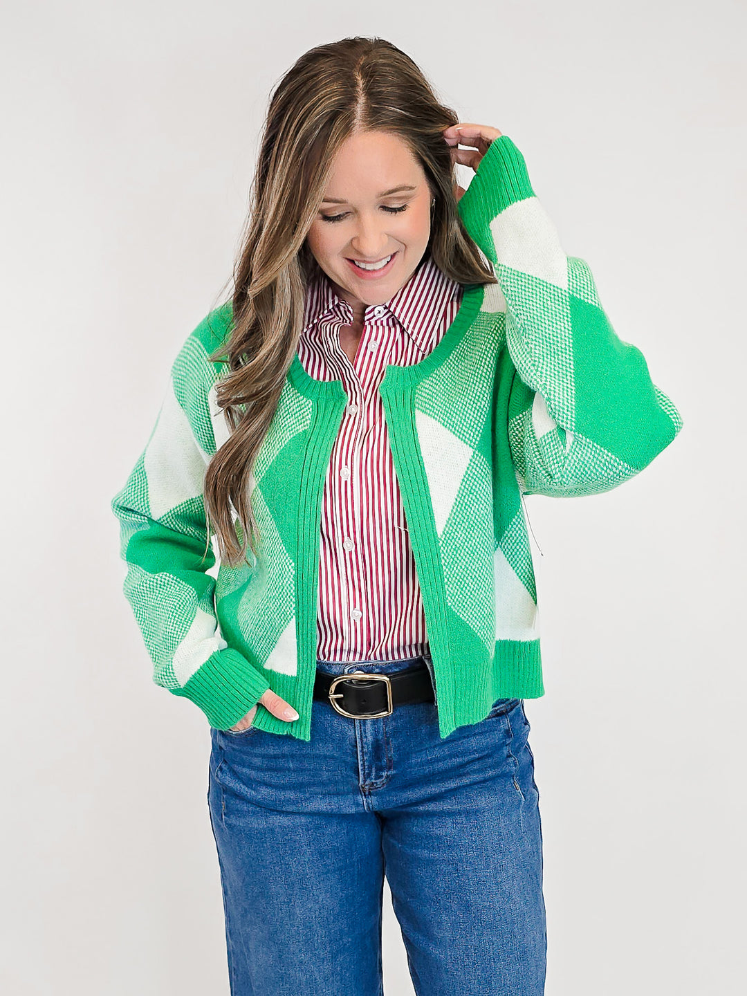 LONG SLEEVE OPEN FRONT CARDIGAN - GREEN/WHITE