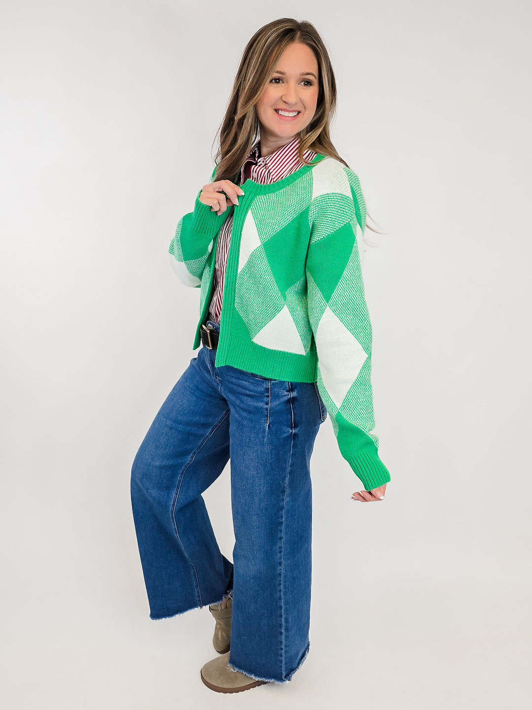 LONG SLEEVE OPEN FRONT CARDIGAN - GREEN/WHITE