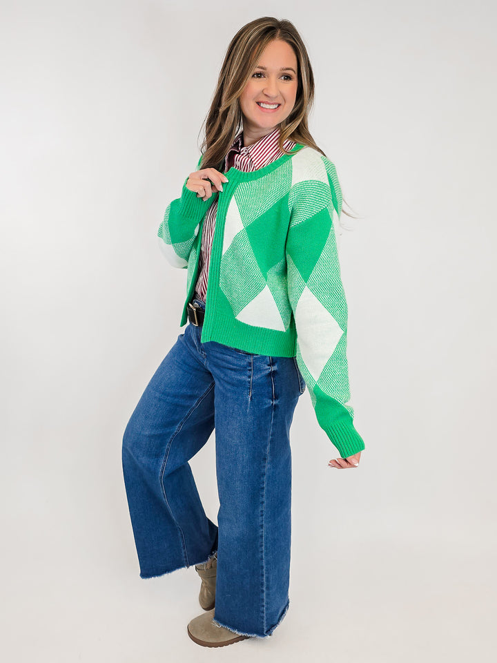 LONG SLEEVE OPEN FRONT CARDIGAN - GREEN/WHITE