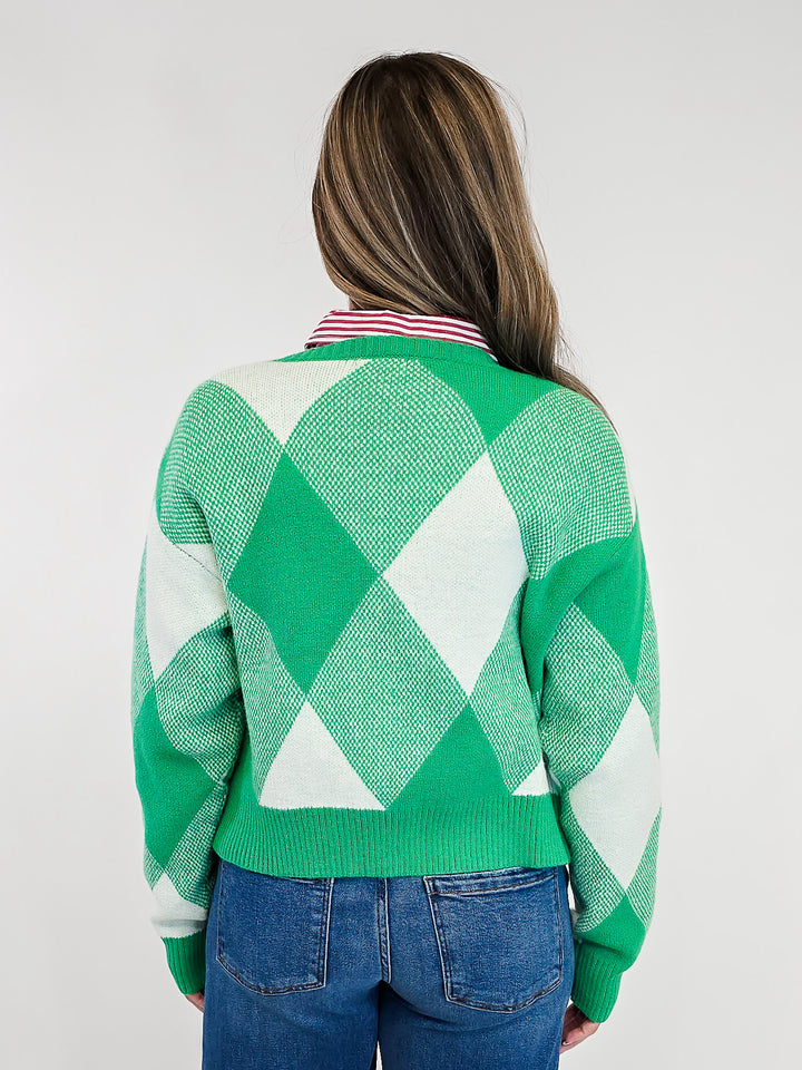 LONG SLEEVE OPEN FRONT CARDIGAN - GREEN/WHITE