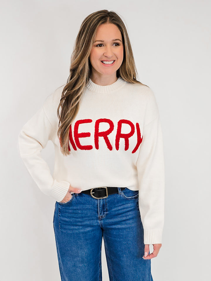 MERRY MOMENTS CHENILLE LETTER SWEATER - WHITE