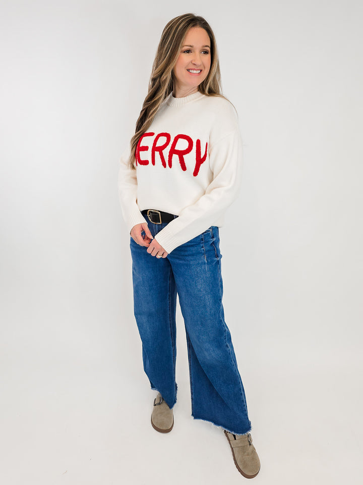 MERRY MOMENTS CHENILLE LETTER SWEATER - WHITE