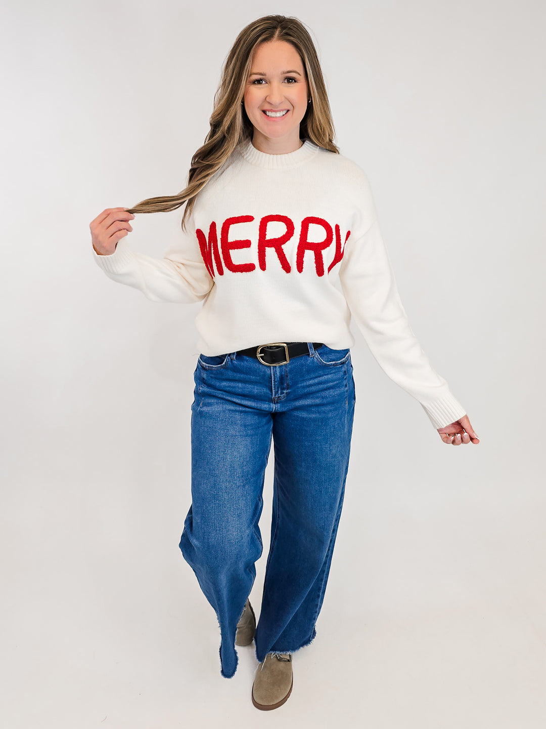 MERRY MOMENTS CHENILLE LETTER SWEATER - WHITE