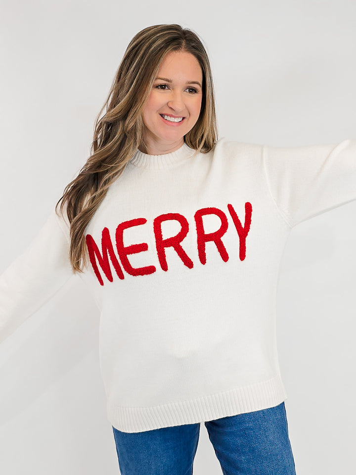 MERRY MOMENTS CHENILLE LETTER SWEATER - WHITE