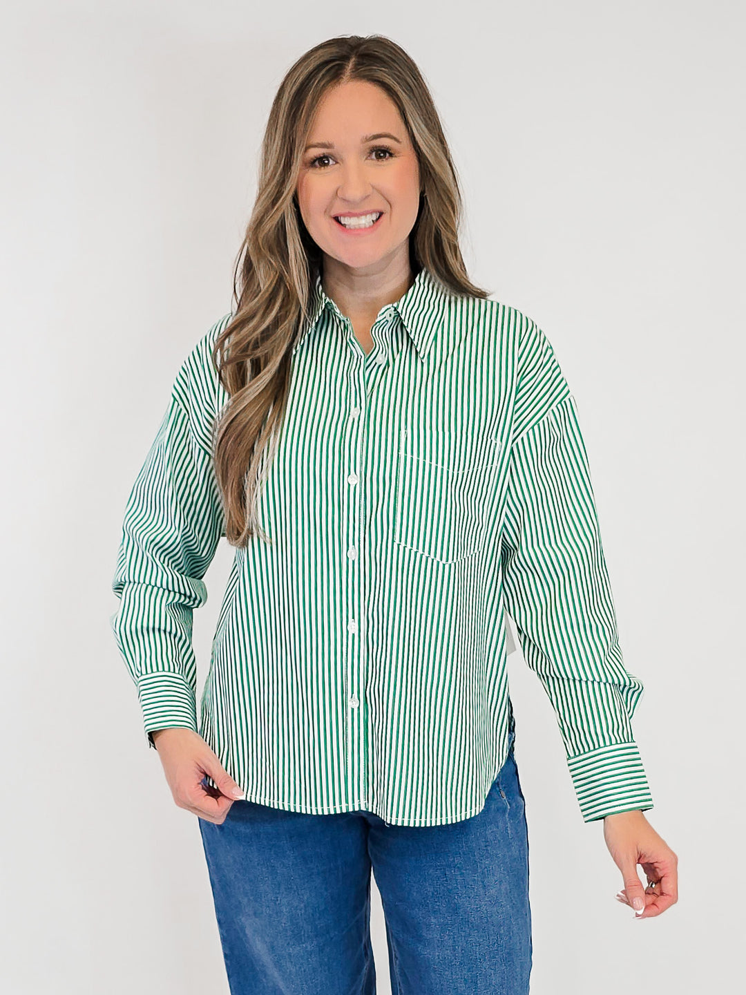 COLLARED STRIPED BUTTON UP SHIRT - GREEN