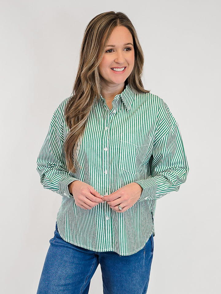COLLARED STRIPED BUTTON UP SHIRT - GREEN