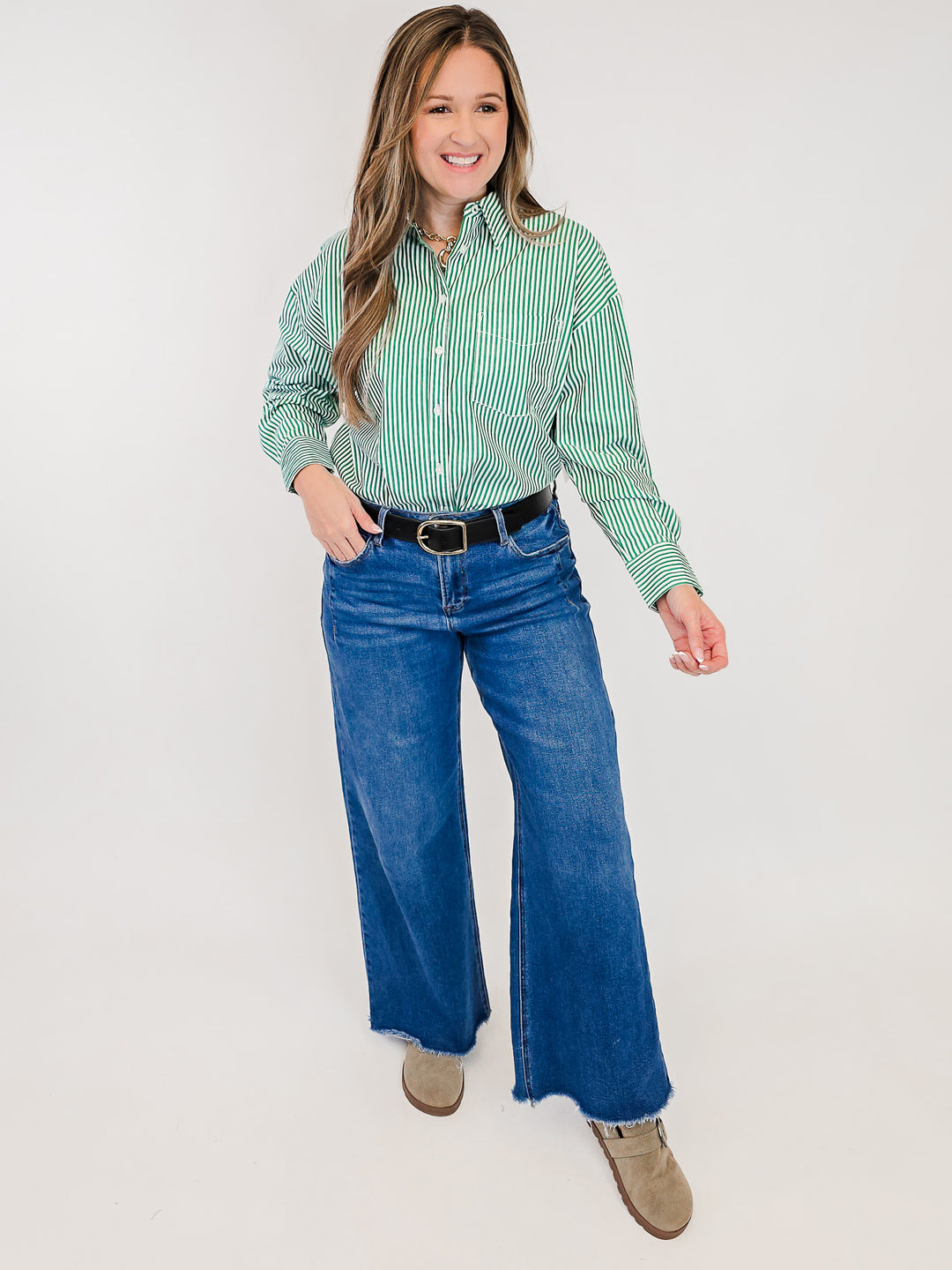 COLLARED STRIPED BUTTON UP SHIRT - GREEN