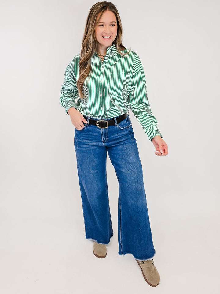 COLLARED STRIPED BUTTON UP SHIRT - GREEN