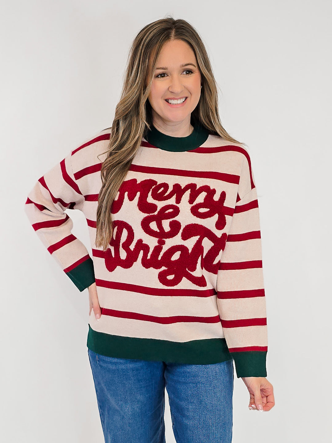 MERRY STRIPED CHENILLE LETTER SWEATER - RED/GREEN