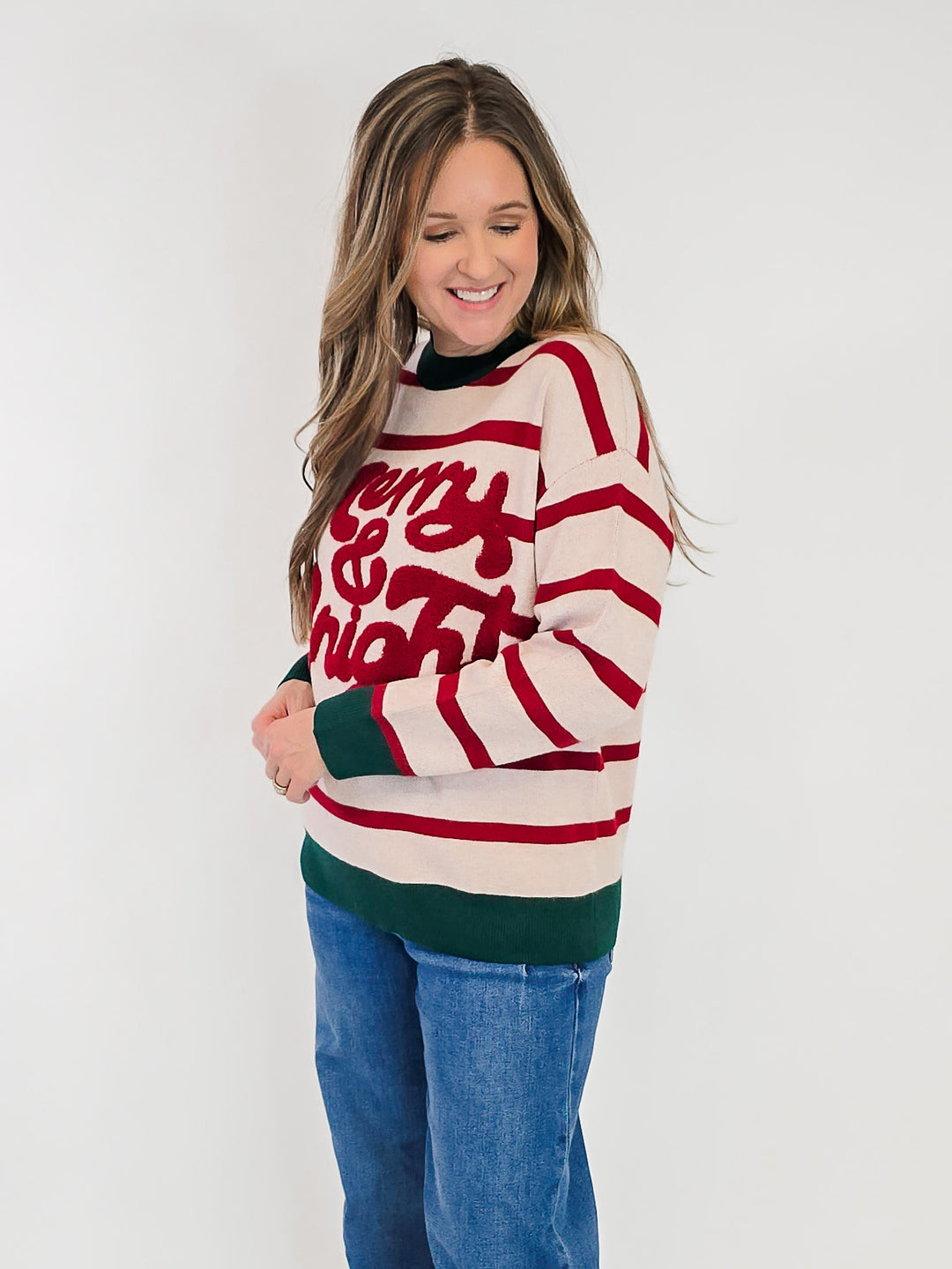 MERRY STRIPED CHENILLE LETTER SWEATER - RED/GREEN