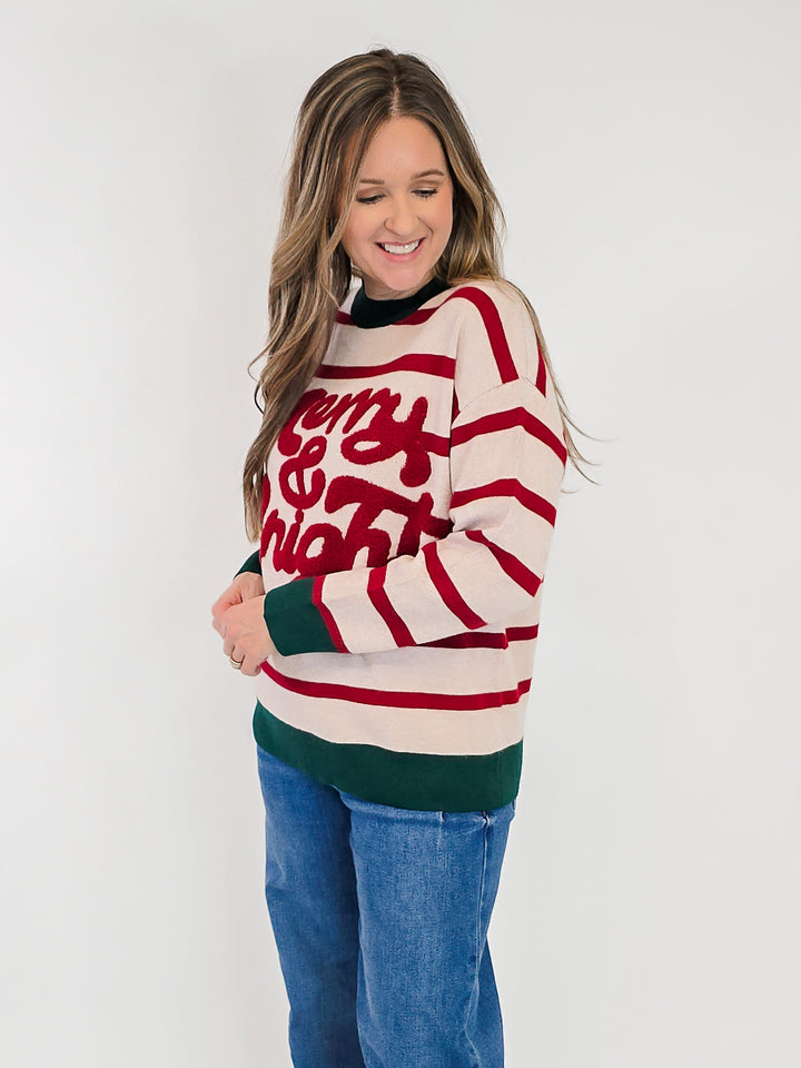MERRY STRIPED CHENILLE LETTER SWEATER - RED/GREEN