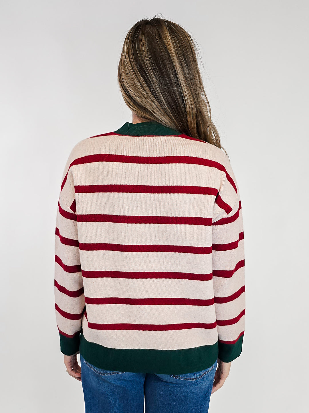 MERRY STRIPED CHENILLE LETTER SWEATER - RED/GREEN