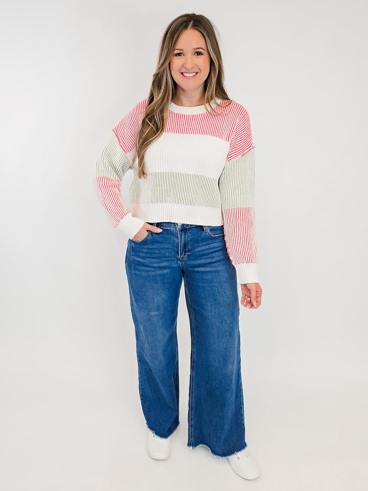 MULTI COLORED STRIPED ROUND NECK SWEATER - PINK/WHITE/GREEN