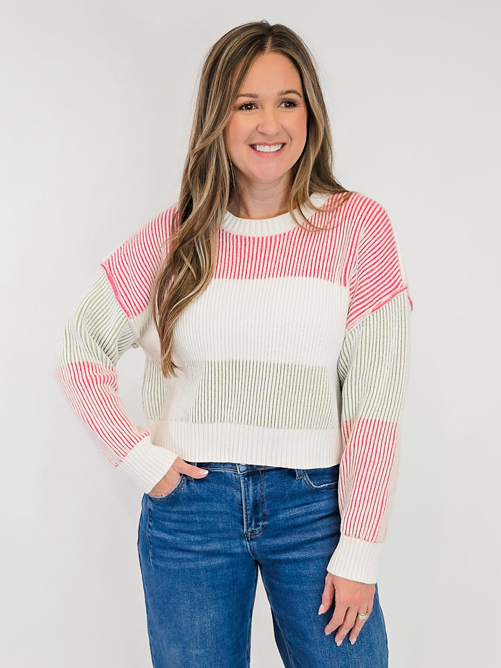 MULTI COLORED STRIPED ROUND NECK SWEATER - PINK/WHITE/GREEN
