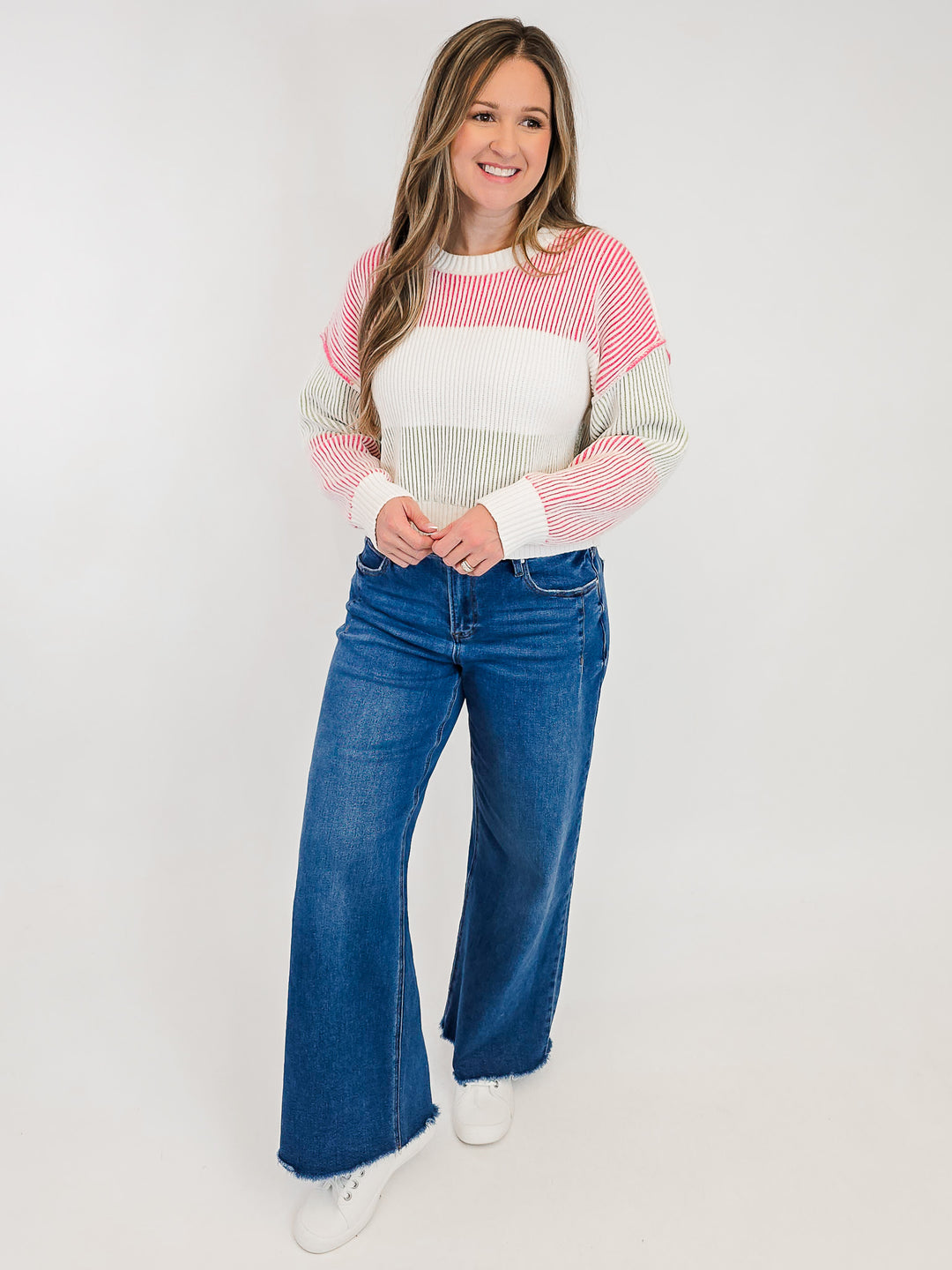 MULTI COLORED STRIPED ROUND NECK SWEATER - PINK/WHITE/GREEN