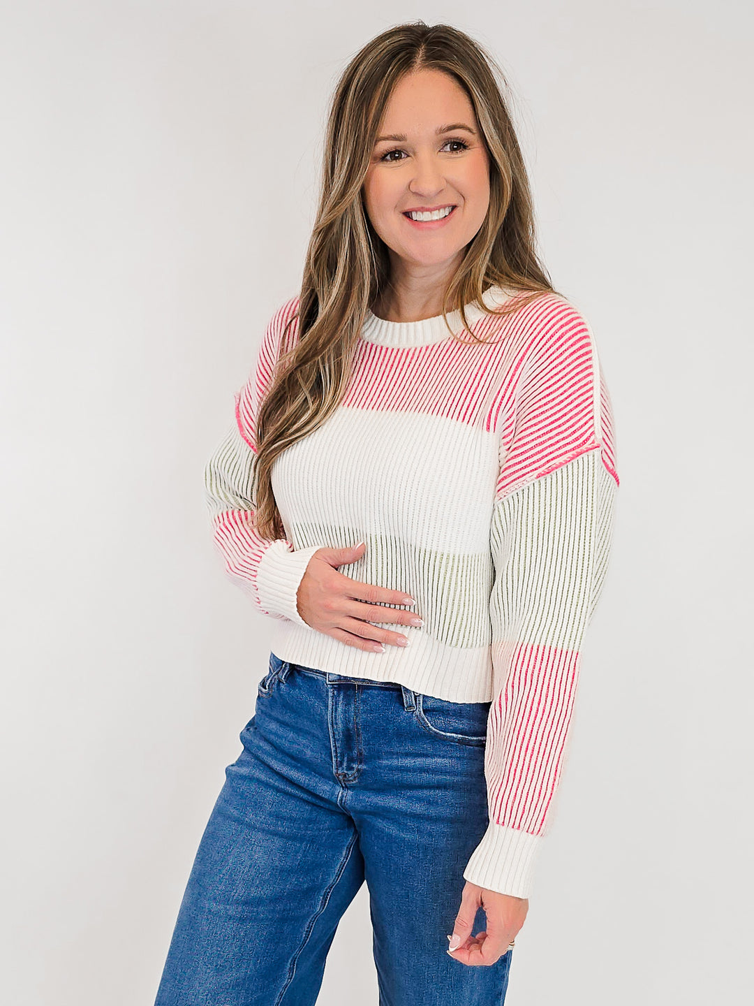 MULTI COLORED STRIPED ROUND NECK SWEATER - PINK/WHITE/GREEN