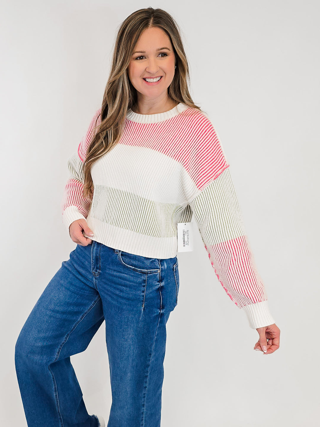 MULTI COLORED STRIPED ROUND NECK SWEATER - PINK/WHITE/GREEN