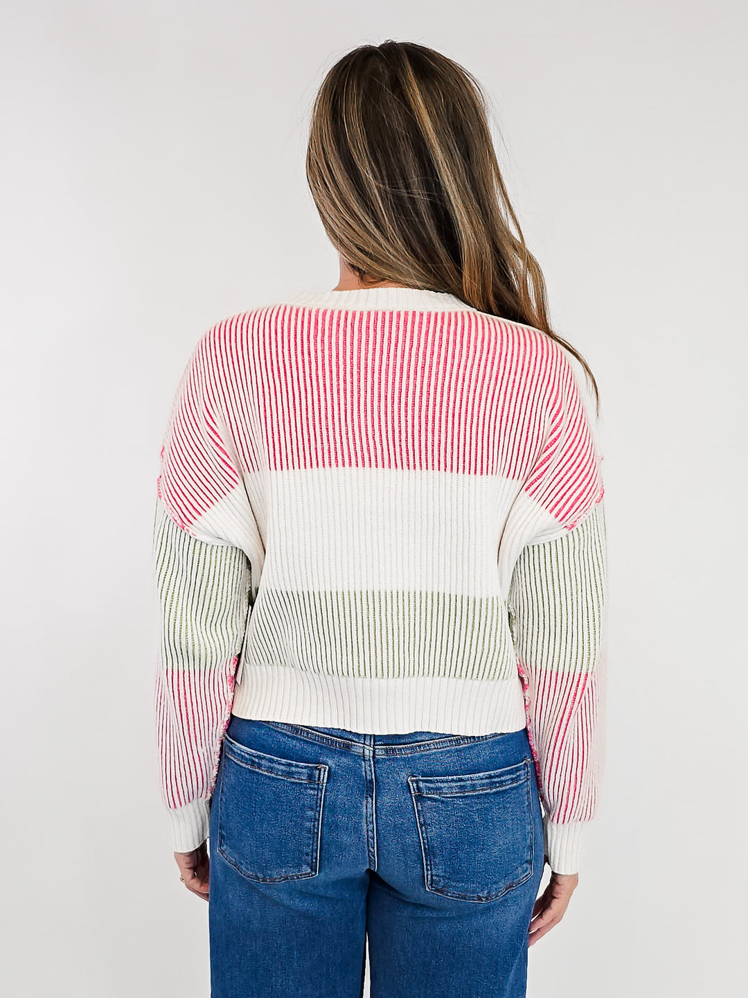 MULTI COLORED STRIPED ROUND NECK SWEATER - PINK/WHITE/GREEN