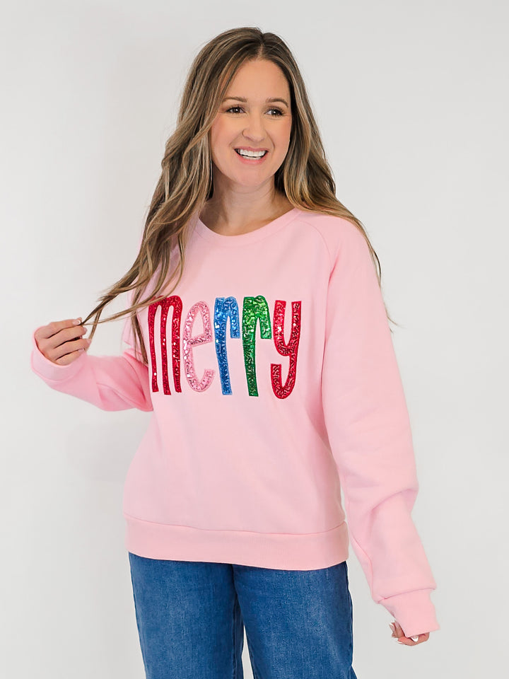 MERRY SEQUIN LETTER SWEATSHIRT - PINK