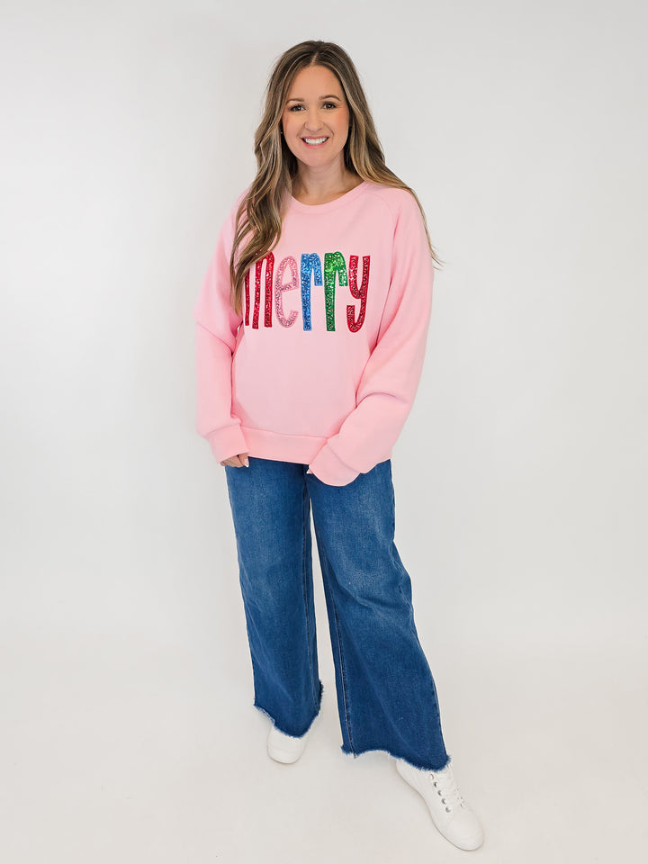 MERRY SEQUIN LETTER SWEATSHIRT - PINK