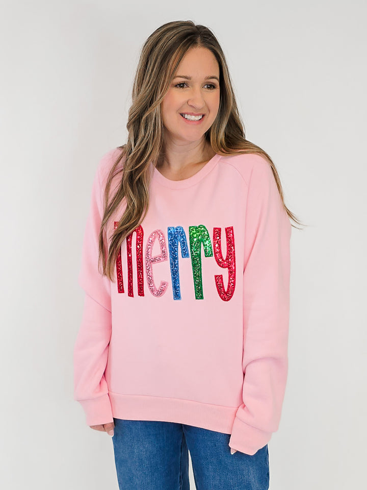 MERRY SEQUIN LETTER SWEATSHIRT - PINK