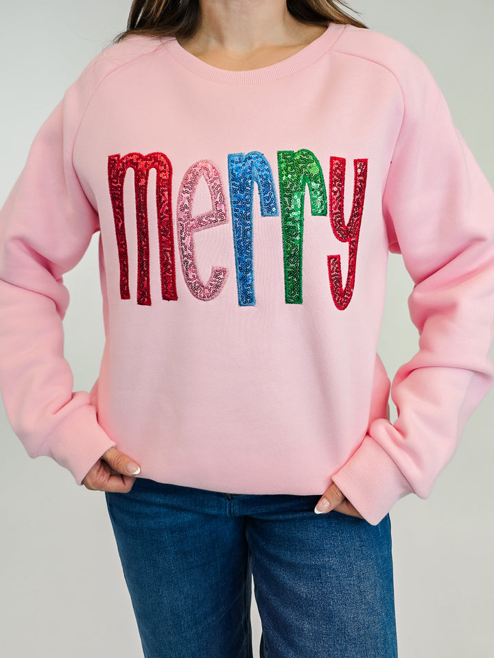 MERRY SEQUIN LETTER SWEATSHIRT - PINK