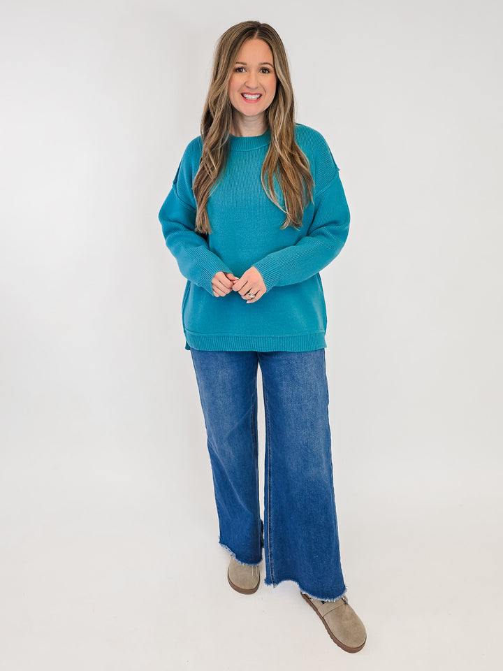 SOLID LONG SLEEVE KNIT PULLOVER SWEATER - TEAL