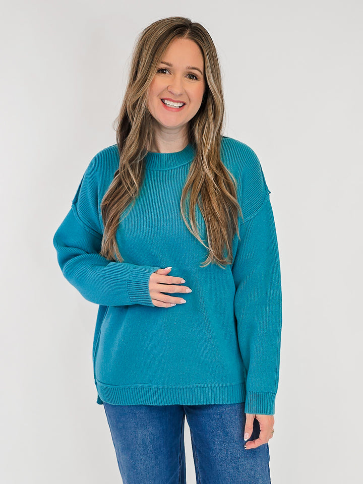SOLID LONG SLEEVE KNIT PULLOVER SWEATER - TEAL