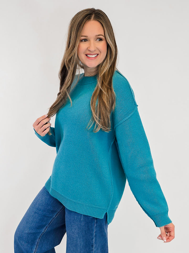 SOLID LONG SLEEVE KNIT PULLOVER SWEATER - TEAL