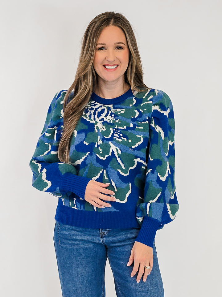 PLEATED LONG PUFF SLEEVE FLORAL SWEATER - BLUE