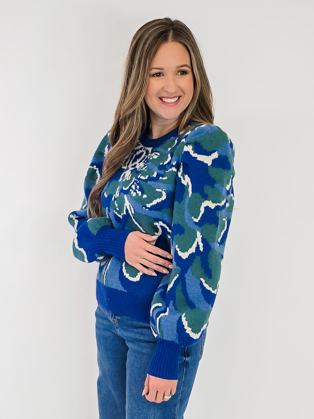 PLEATED LONG PUFF SLEEVE FLORAL SWEATER - BLUE