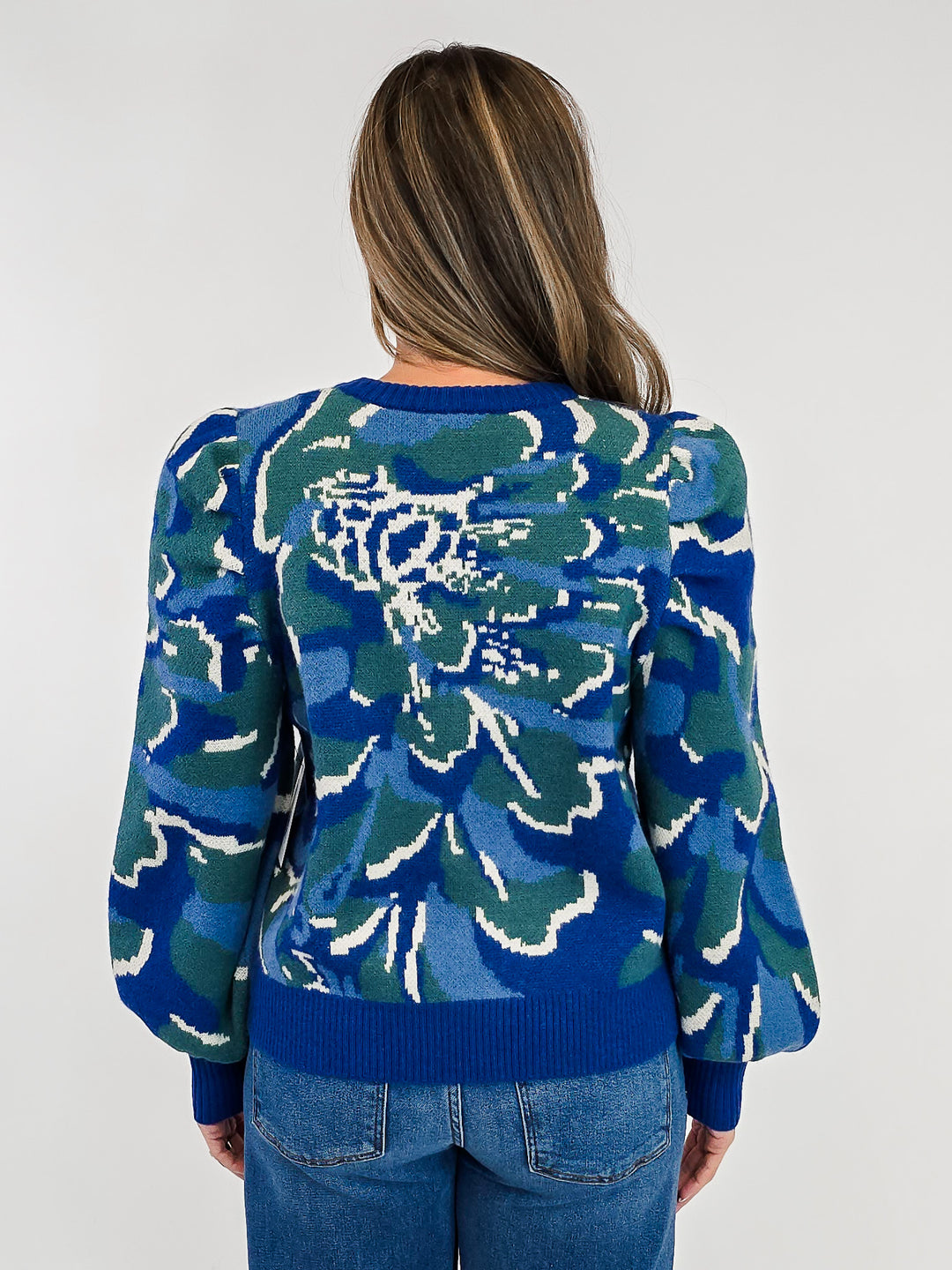 PLEATED LONG PUFF SLEEVE FLORAL SWEATER - BLUE