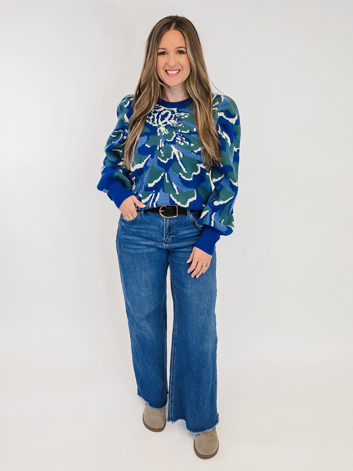 PLEATED LONG PUFF SLEEVE FLORAL SWEATER - BLUE