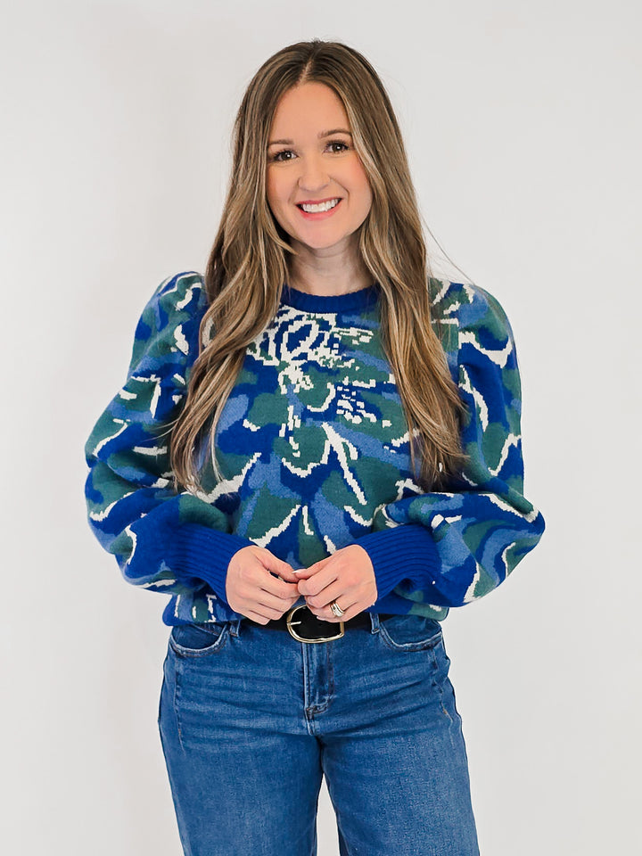 PLEATED LONG PUFF SLEEVE FLORAL SWEATER - BLUE
