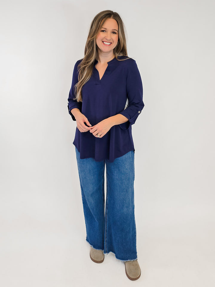 DEAR SCARLETT LIZZY 3/4 SLEEVE SOLID TOP - NAVY