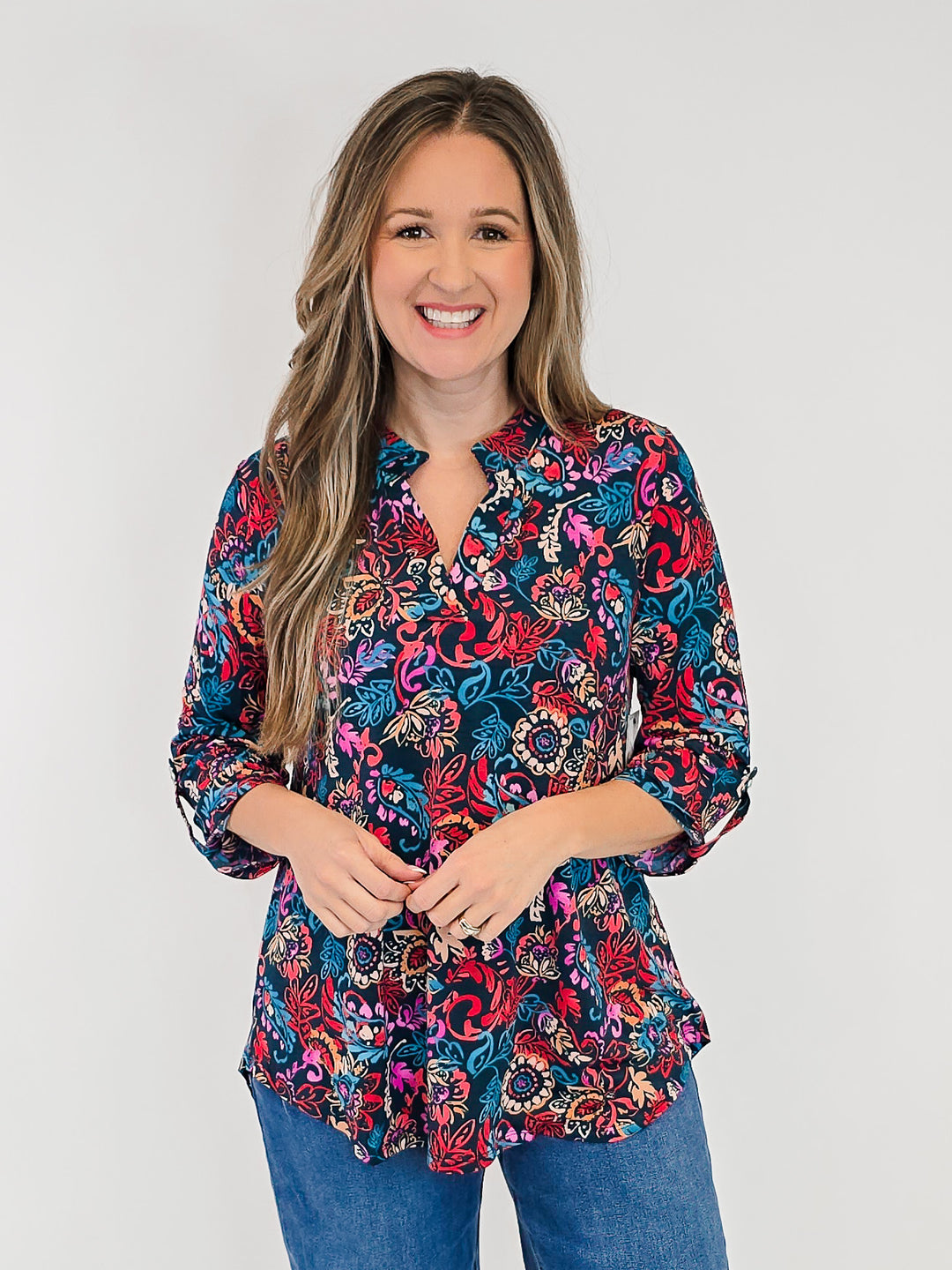 DEAR SCARLETT LIZZY 3/4 SLEEVE FLORAL TOP - JEWEL GREEN/DARK RED