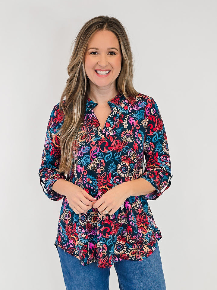 DEAR SCARLETT LIZZY 3/4 SLEEVE FLORAL TOP - JEWEL GREEN/DARK RED