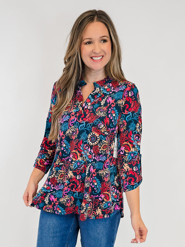 DEAR SCARLETT LIZZY 3/4 SLEEVE FLORAL TOP - JEWEL GREEN/DARK RED