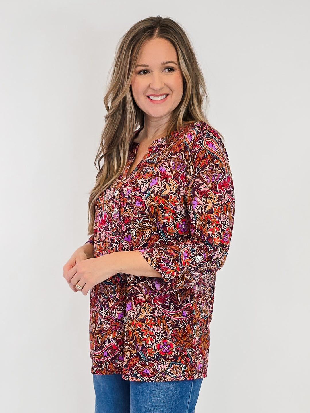 DEAR SCARLETT LIZZY LUXE 3/4 SLEEVE TOP - VIOLET PAISLEY