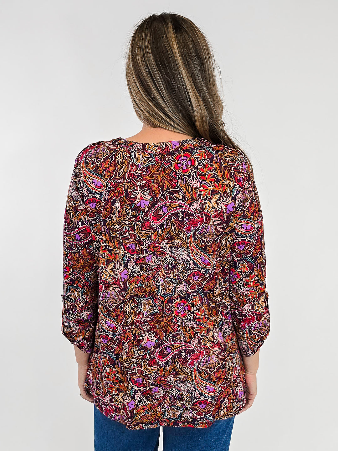 DEAR SCARLETT LIZZY LUXE 3/4 SLEEVE TOP - VIOLET PAISLEY