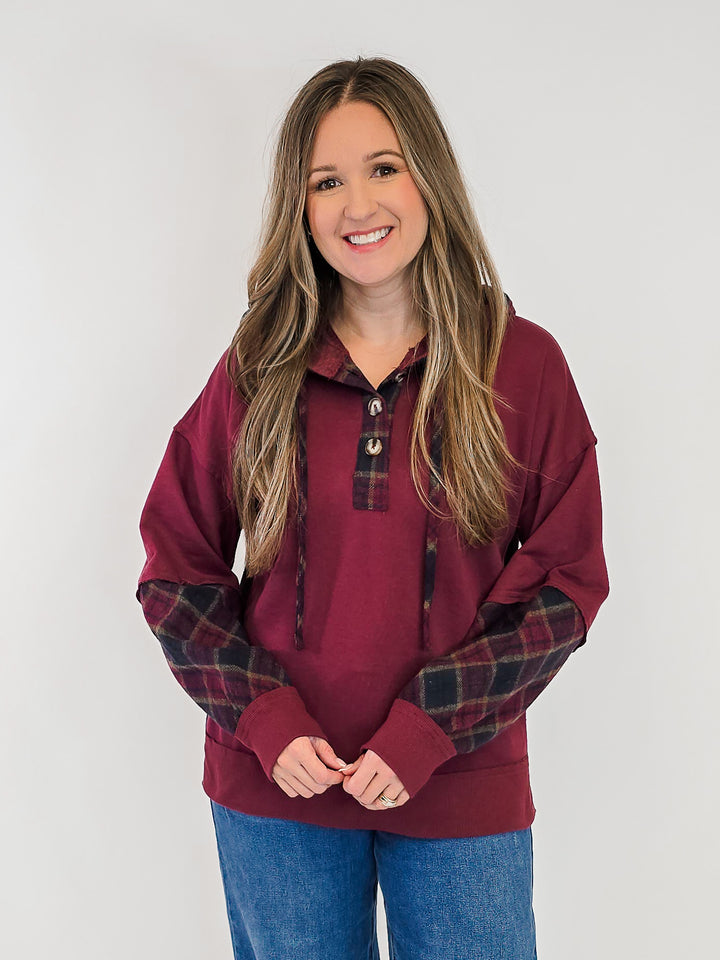 PLAID CONTRAST TERRY MIXED HOODIE - BURGUNDY