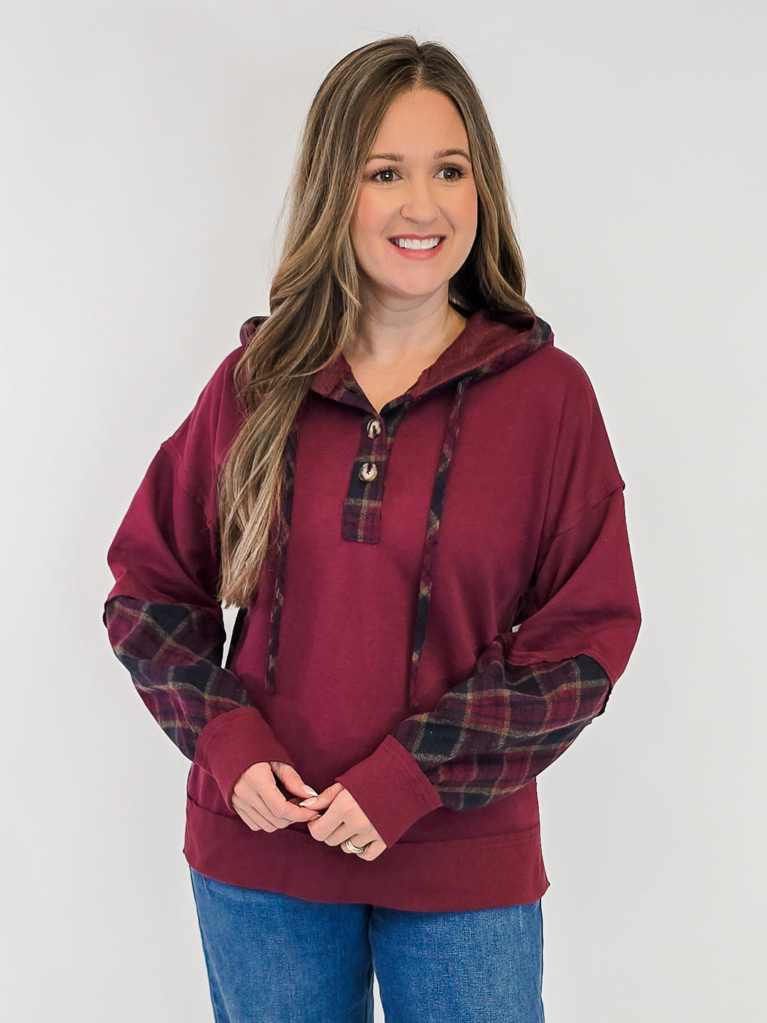 PLAID CONTRAST TERRY MIXED HOODIE - BURGUNDY