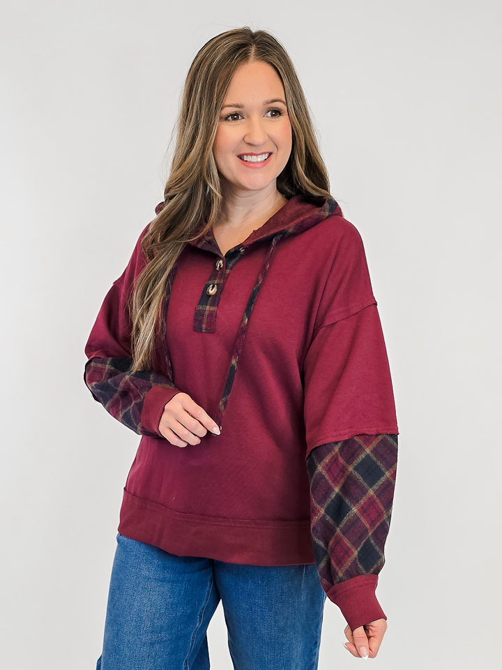 PLAID CONTRAST TERRY MIXED HOODIE - BURGUNDY