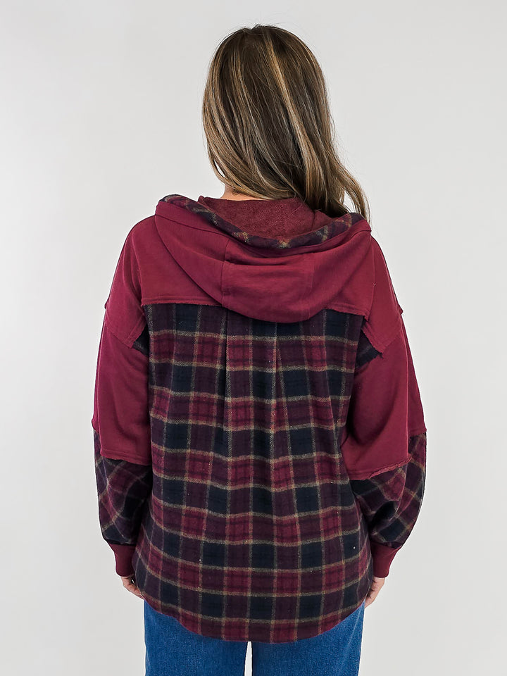 PLAID CONTRAST TERRY MIXED HOODIE - BURGUNDY