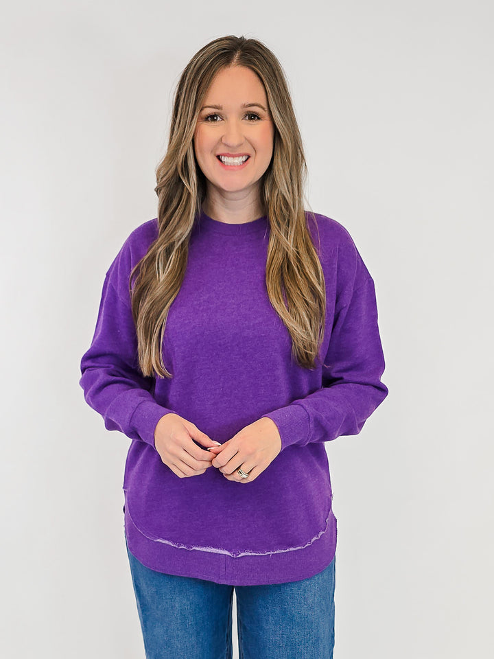 ROYCE LONG SLEEVE ROUNDED HI/LO HEM PULLOVER - PURPLE