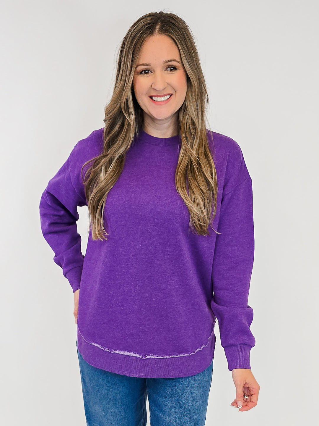 ROYCE LONG SLEEVE ROUNDED HI/LO HEM PULLOVER - PURPLE