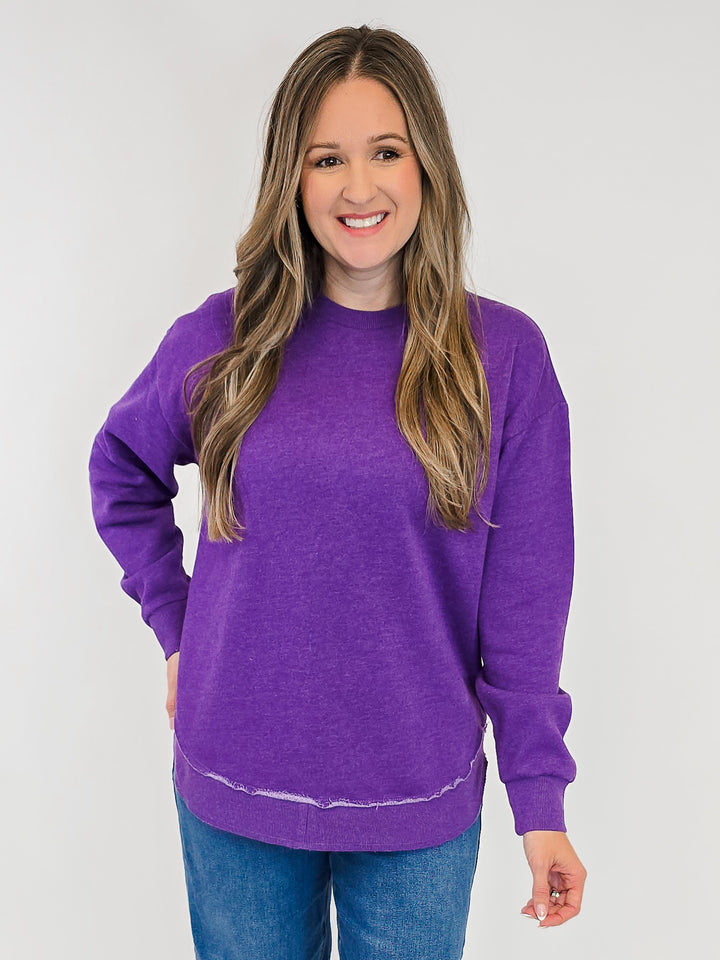 ROYCE LONG SLEEVE ROUNDED HI/LO HEM PULLOVER - PURPLE