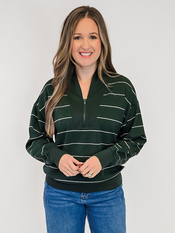 MODAL SCUBA STRIPED V-NECK PULLOVER - DARK GREEN/CREAM